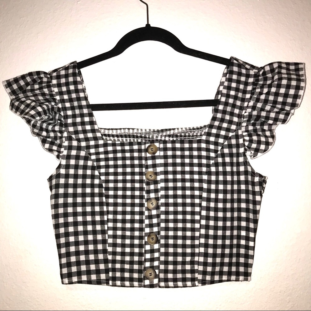 Plaid ruffle strap black & white crop top Shein S
